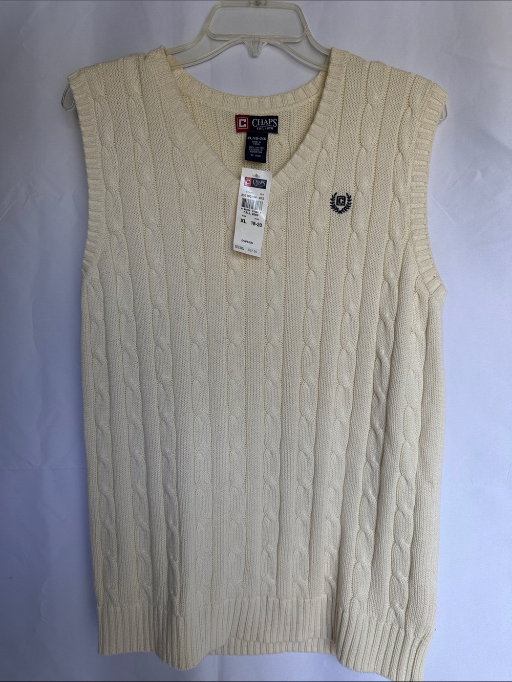 NWT Chaps Boys 18 20 XL Cable-Knit V-Neck Sweater Vest - Cream DRESS UP
